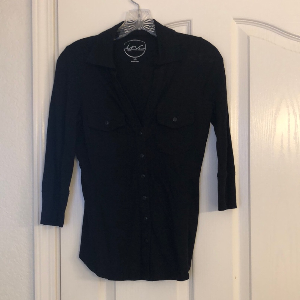 INC Petite black button down v neck